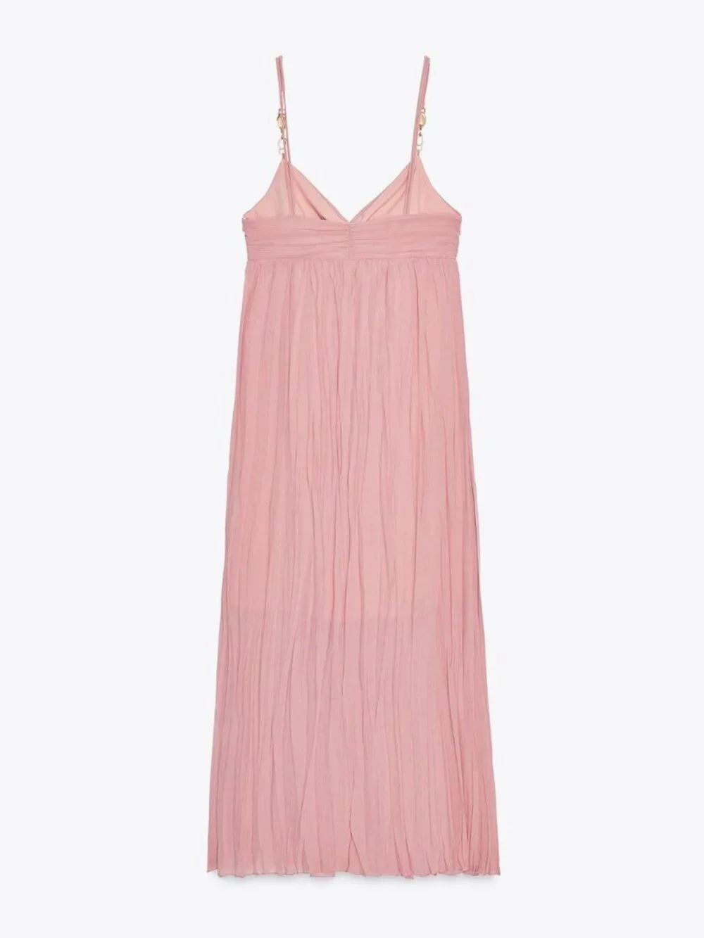 New Zara Thin Metal/Stone Straps V-Neck Pleated Fabric Marsala Midi Dress Small